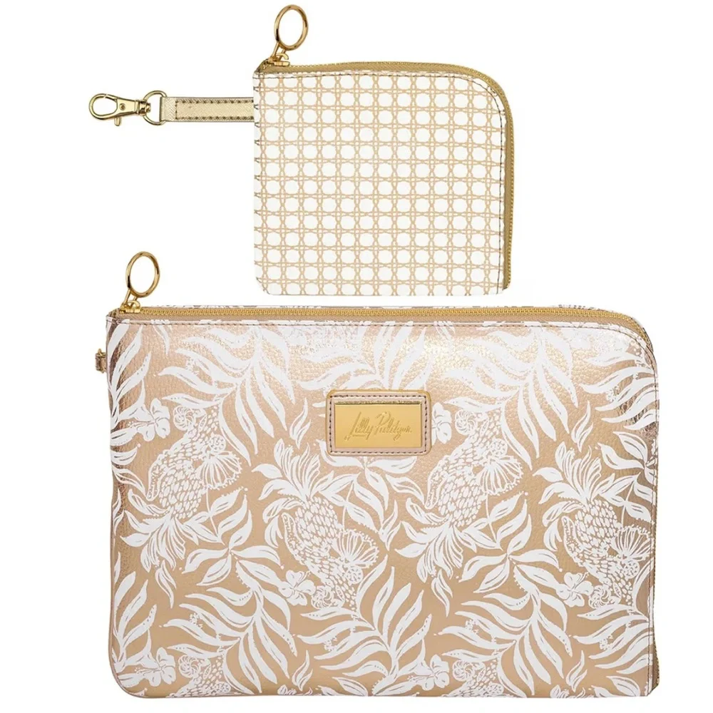 Lilly Pulitzer Tech Pouch Set & Small Zip Pouch in Gold Metallic Bon Vivants